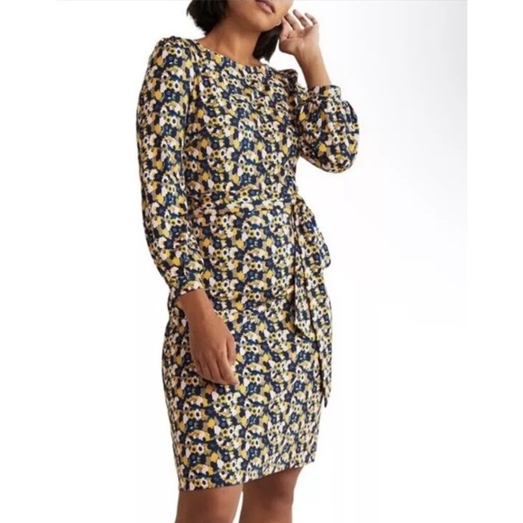 Boden Tie Detail Jersey Shift Dress Women Size 12 Knee Length Long Sleeve Casual - Picture 1 of 14
